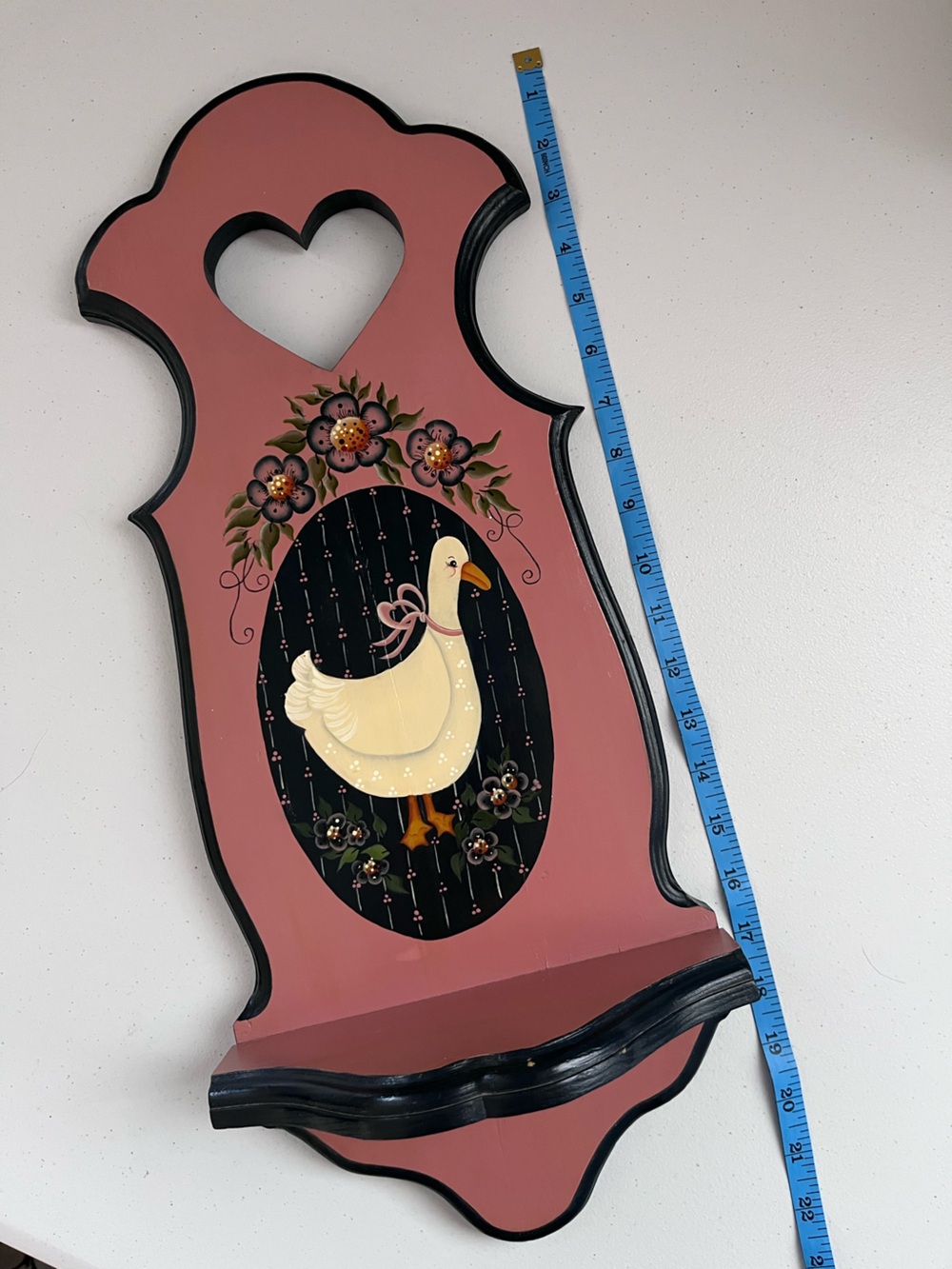 Vintage Handmade 80s Wooden Heart Wall Shelf - Hand Painted Goose Folk Art - Picture 6 of 6